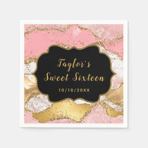 Serviette En Papier Or et Paillettes Roses Agate Sweet Sixteen