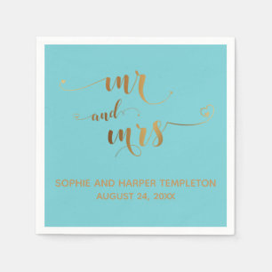 Serviette En Papier Or et Turquoise Mr et Mme Calligraphie avec Cœurs