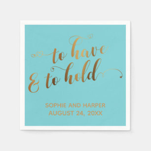 Serviette En Papier Or et Turquoise Pour Avoir et Garder Coeurs Script