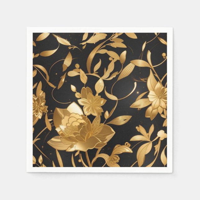 Serviette En Papier Or floral doré et noir de luxe (Devant)