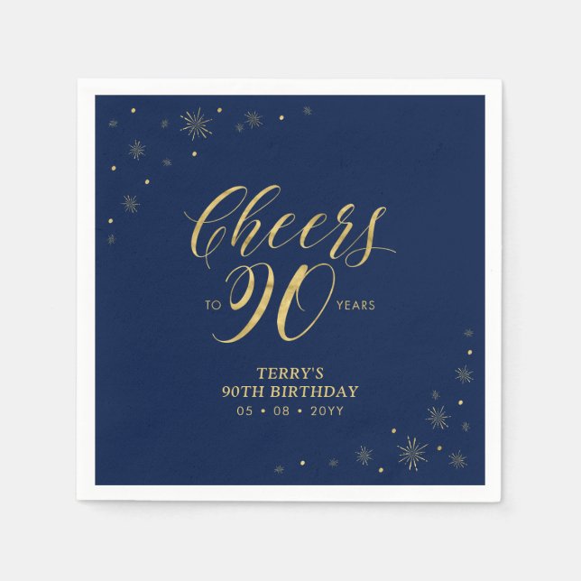 Serviette En Papier Or & Navy | Fête Moderne 90e Anniversaire (Devant)
