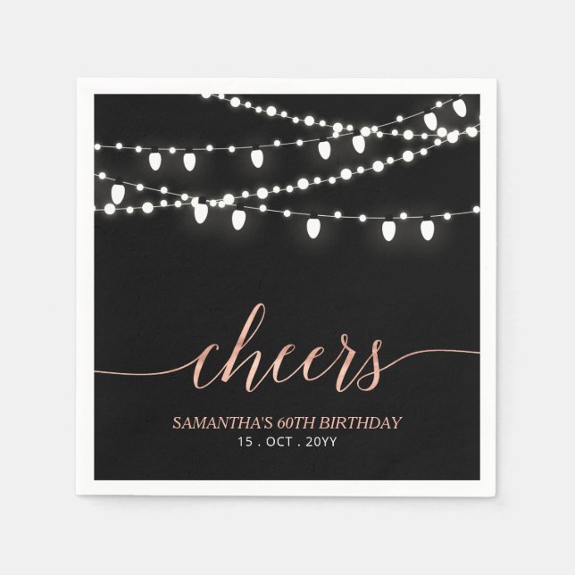 Serviette En Papier Or noir et Rose | Elégante fête d'anniversaire pou (Devant)