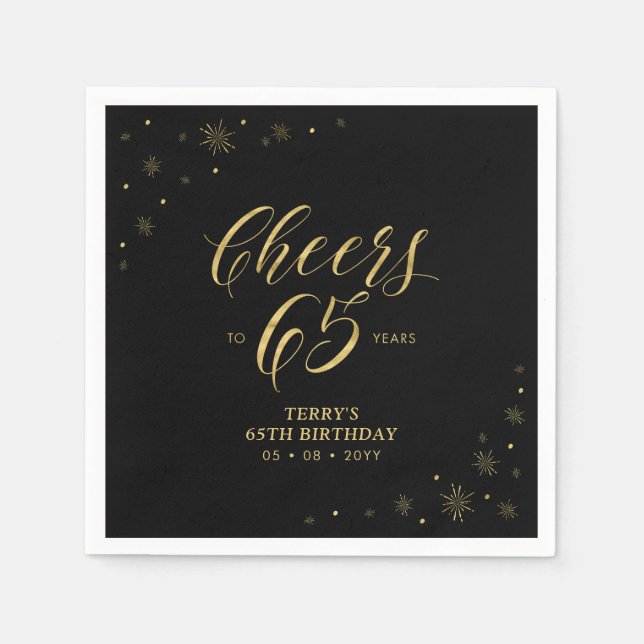 Serviette En Papier Or & Noir | Modern Cheers 65e anniversaire (Devant)
