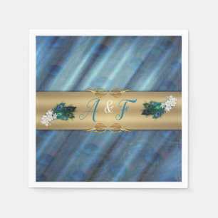 Serviette En Papier Or, plumes de paon sur soie vert émeraude