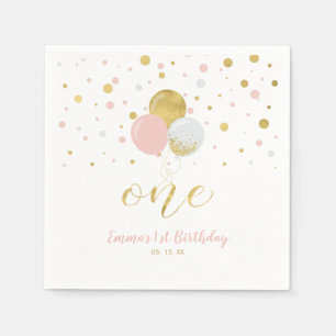 Serviette En Papier Or & Rose   Ballons, Confettis Fille 1er Anniversa