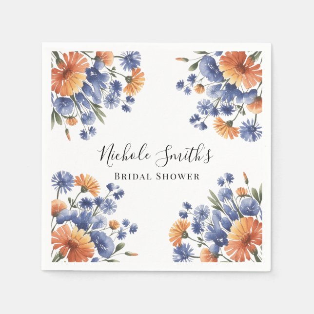 Serviette En Papier Orange and Cobalt Blue Floral Bridal Shower (Devant)