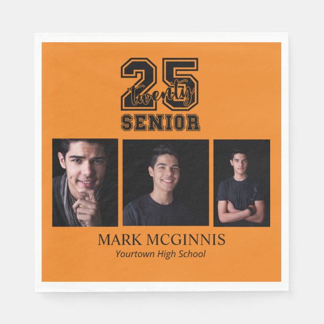 Serviette En Papier Orange Black Class 2025 Graduation Photo (Devant)