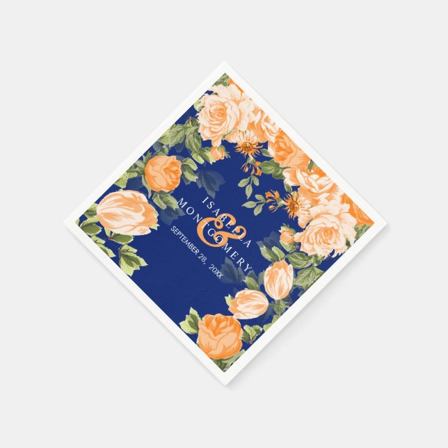 Serviette En Papier Orange botanique et Mariage floral bleu marine (Coin)