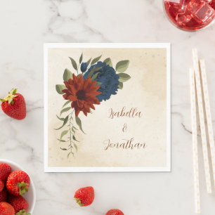 Serviette En Papier orange brûlé et floral bleu marine