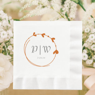 Serviette En Papier Orange Brûlé Simple Coeur Mariage Monogramme