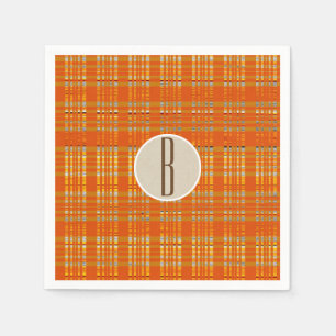 Serviette En Papier Orange Carreaux & Marron Kraft Monogramme Initial