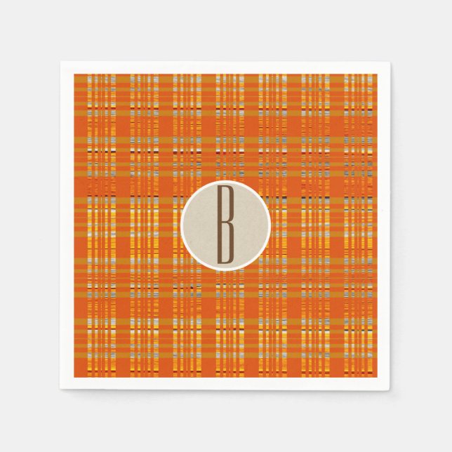 Serviette En Papier Orange Carreaux & Marron Kraft Monogramme Initial  (Devant)