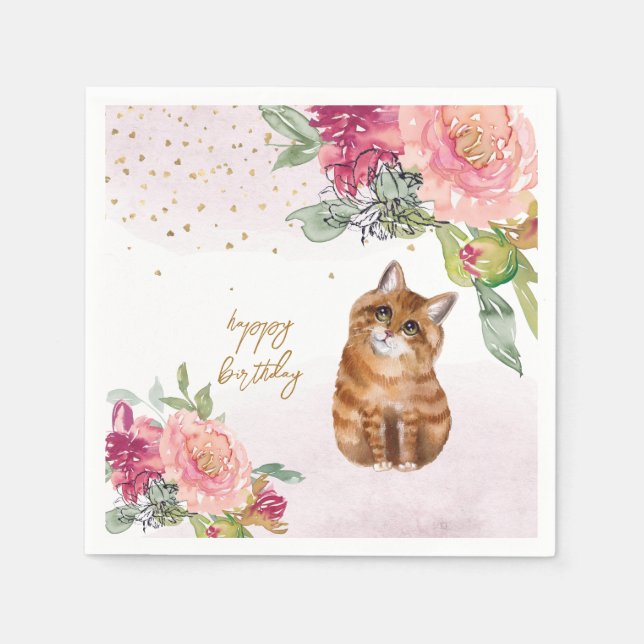 Serviette En Papier Orange Cat Illustration Joyeux Anniversaire Fille  (Devant)