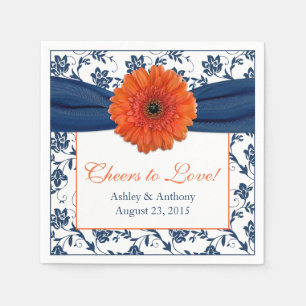 Serviette En Papier Orange Daisy Navy Blue Damask Mariage personnalisé