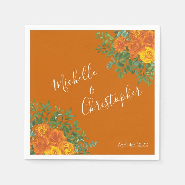 Serviette En Papier Orange et rouille Chute Peony & Rose Floral Mariag (Devant)