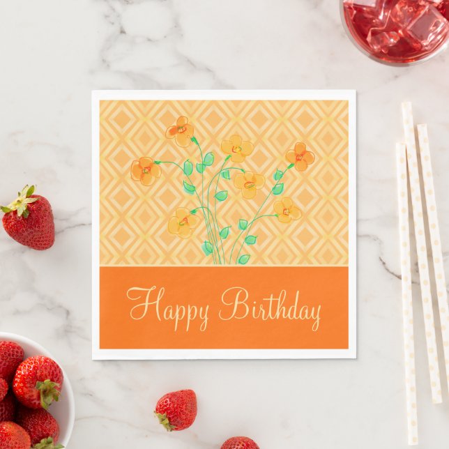 Serviette En Papier Orange fleuri Joyeux papier d'anniversaire Napkins (En situation)