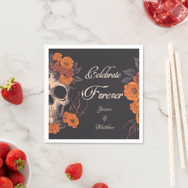 Serviette En Papier Orange Fleurs Crâne Élégant Cocktail (En situation)