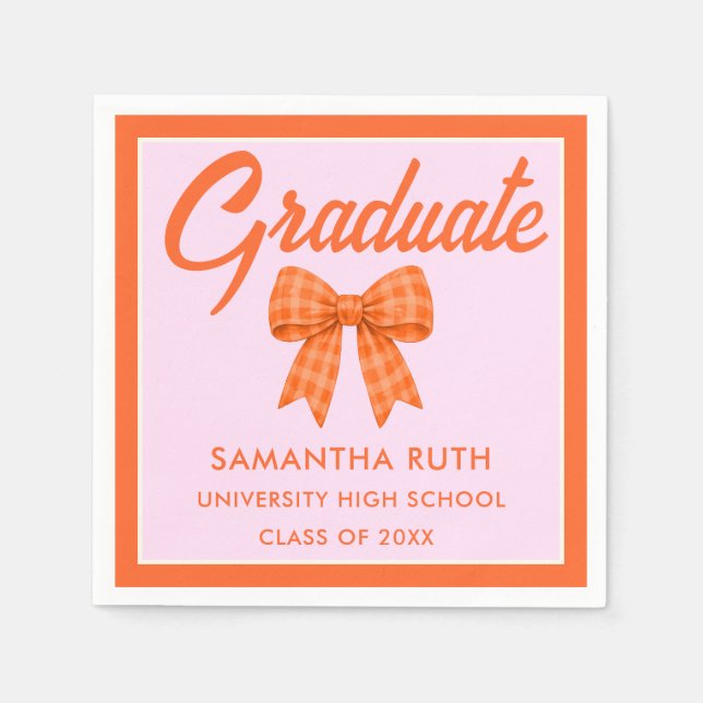 Serviette En Papier Orange Gingham Bow Graduation Party (Devant)