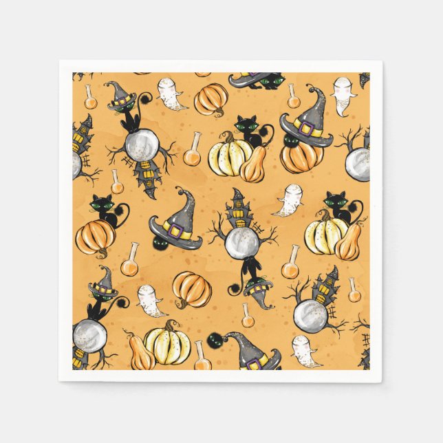 SERVIETTE EN PAPIER ORANGE HALLOWEWEEN CITROUILLE ET CHATS NOIRS (Devant)
