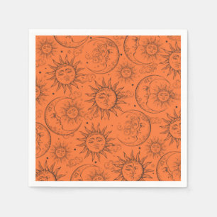 Serviette En Papier Orange Magique Vintage Céleste Soleil Lune Étoiles