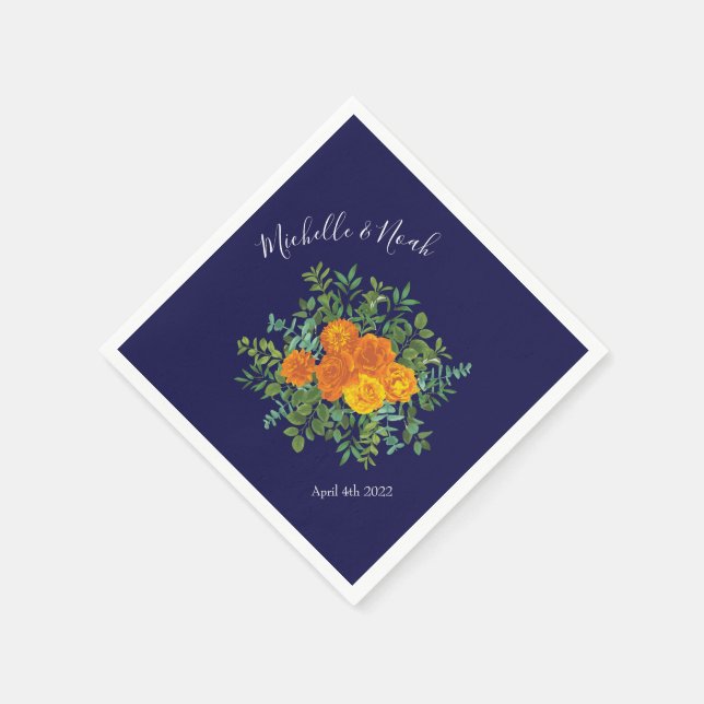 Serviette En Papier Orange & Marine Blue Peony & Rose Floral Mariage (Coin)