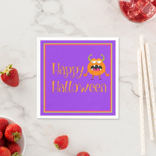 Serviette En Papier Orange Petit Monstre Halloween Enfants Amusants (En situation)