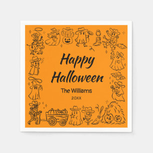 Serviette En Papier Orange Quirky Doodles Dessiné Main Happy Halloween