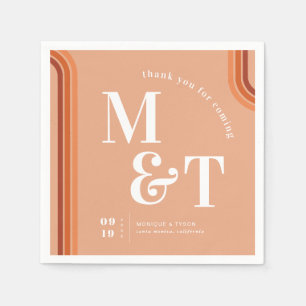 Serviette En Papier Orange Rétro Rayures Soixante-Dix Monogramme de