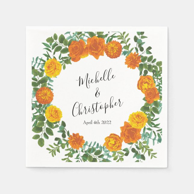 Serviette En Papier Orange Rose Mariage Floral Moderne (Devant)