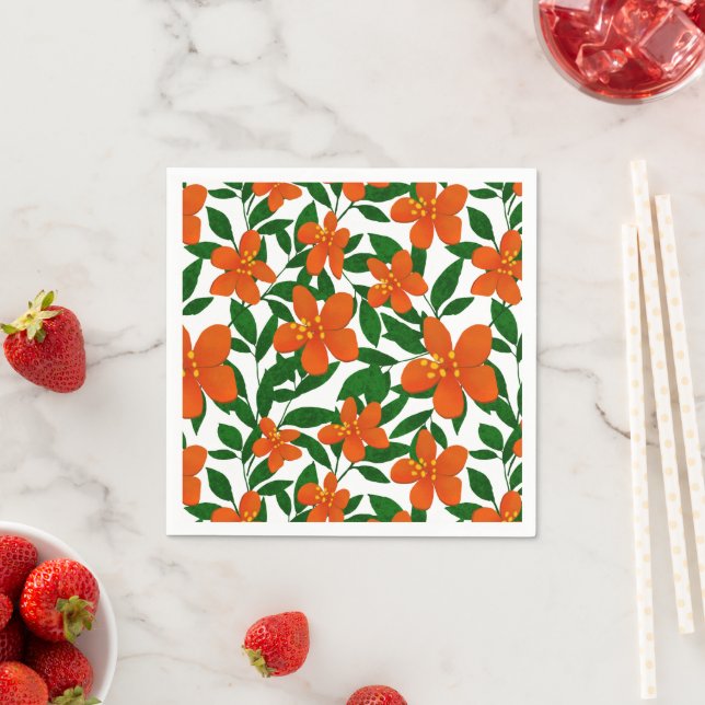 Serviette En Papier Orange Rouge Floral Vert Botanique Motif (En situation)