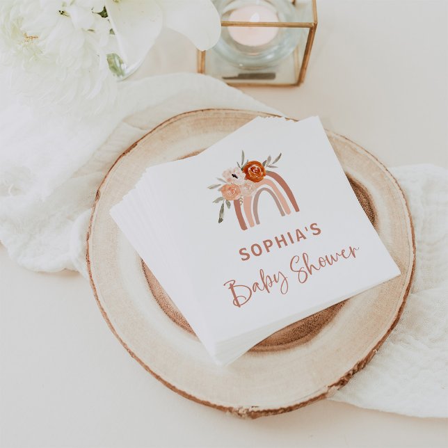 Serviette En Papier Orange Terracotta Boho | Baby shower arc-en-ciel (Cute boho baby shower napkins, with a neutral terracotta rainbow and flowers)