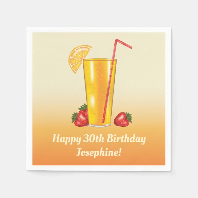 Serviette En Papier Orange Tropical Boisson Et Fraises Anniversaire (Devant)