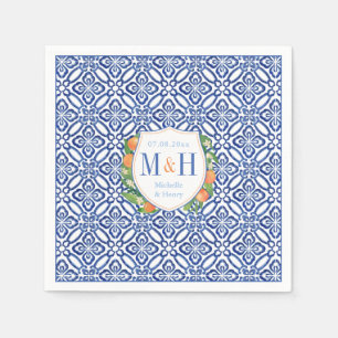 Serviette En Papier Oranges Citrus Carreaux bleus Vintages Monogramme 