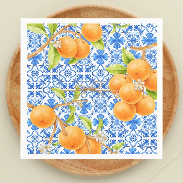 Serviette En Papier Oranges d'agrumes et carreaux azulejos bleus (Citrus Oranges Little Cutie Azulejo Tiles )