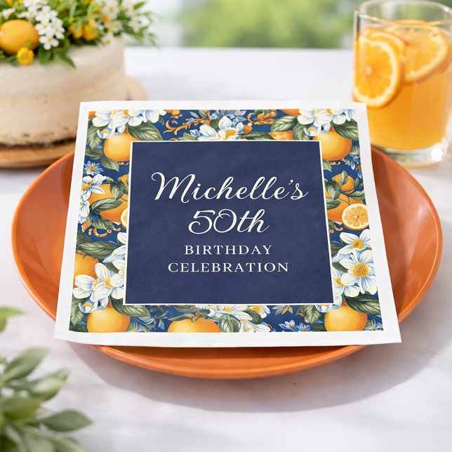 Serviette En Papier Oranges White Flowers Navy Blue Birthday Welcome (Oranges on navy blue 50th birthday party paper napkin)