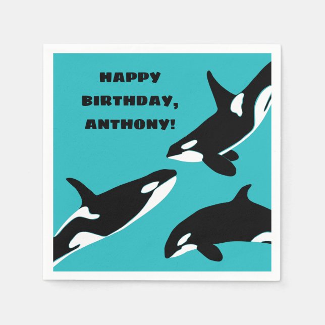 Serviette En Papier Orcas Killer Whales Turquoise Blue Anniversaire (Devant)