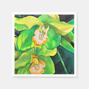 Serviette En Papier Orchidée fleurs vert et jaune art