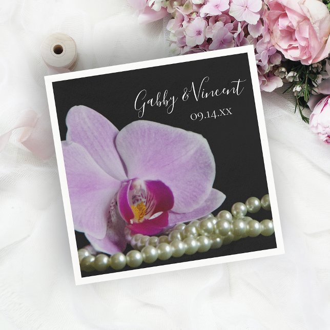 Serviette En Papier Orchidée rose et perles sur Mariage noir (Créateur téléchargé)