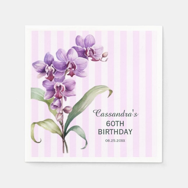 Serviette En Papier Orchidée violette moderne rayures florales 60e ann (Devant)