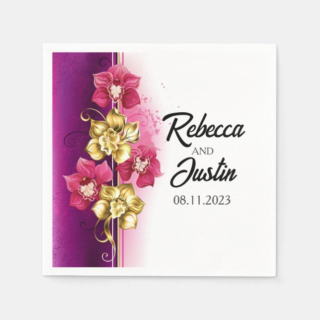 Serviette En Papier Orchidées rose or Floral Boho moderne (Devant)