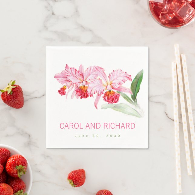 Serviette En Papier Orchidées roses aquarelle Nom Date Mariage (En situation)