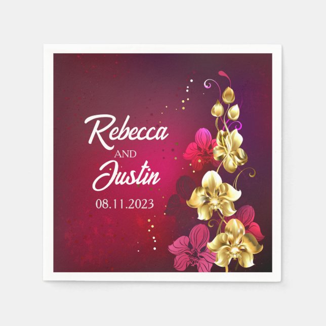 Serviette En Papier Orchidées rouge or Floral Moderne Boho (Devant)