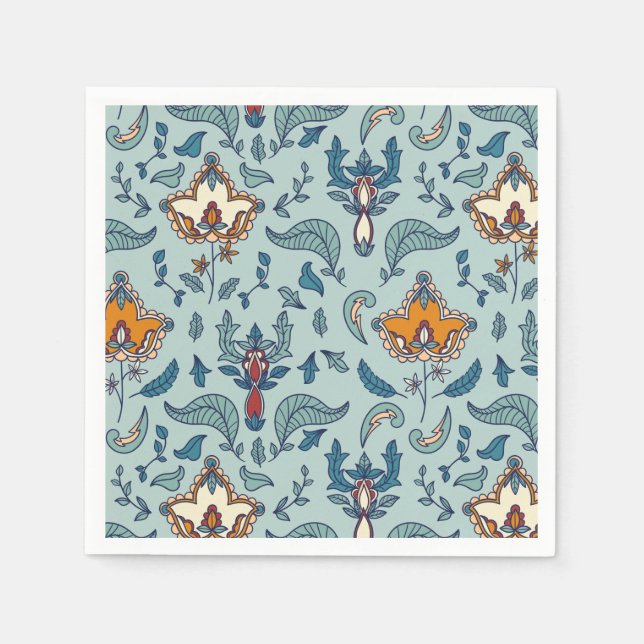 Serviette En Papier Ornate floral pattern on a pale blue background (Devant)