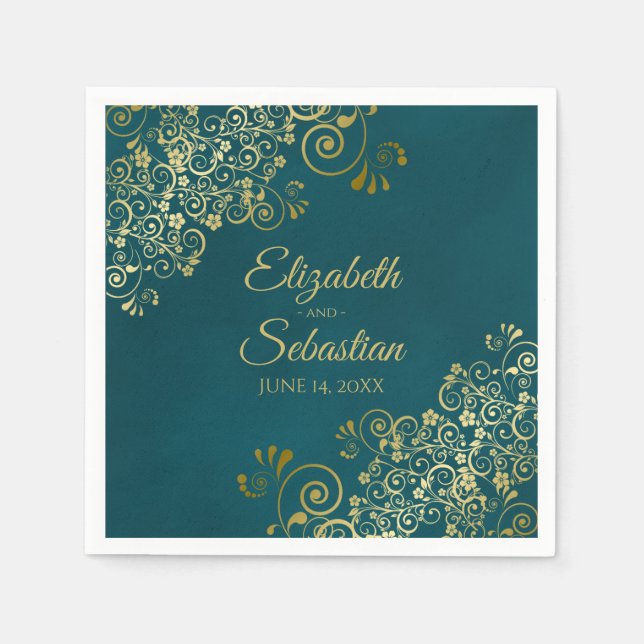 Serviette En Papier Ornate Gold Filigree Elegant Dark Teal Wedding (Devant)