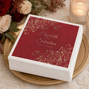 Serviette En Papier Ornate Gold Filigree Élégant Mariage rouge marbré