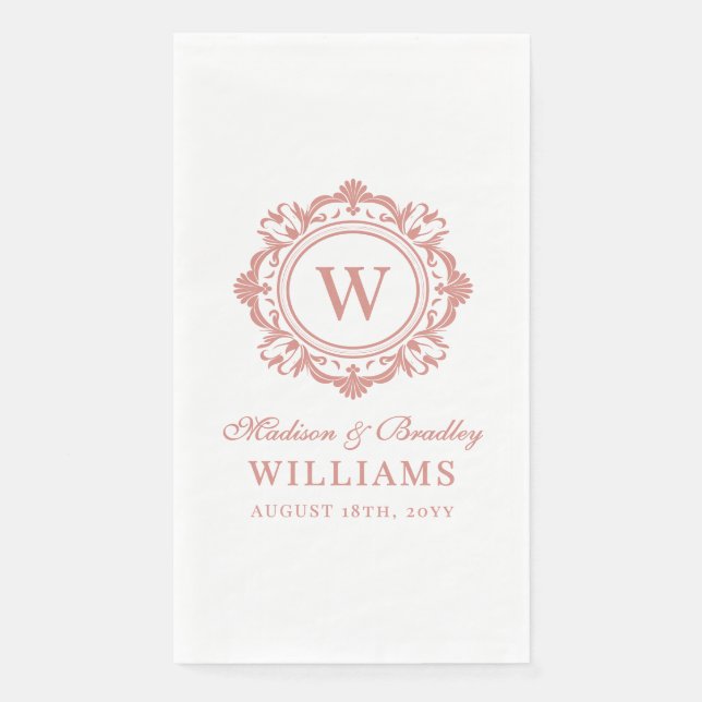 Serviette En Papier Orné Floral Monogramme Mariage Élégant Rose Or (Devant)
