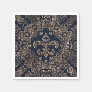 Serviette En Papier Ornement de luxe Fleur de lis - or et bleu foncé