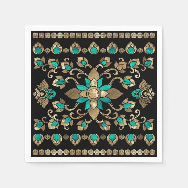 Serviette En Papier Ornement thaïlandais - Or et Turquoise (Devant)