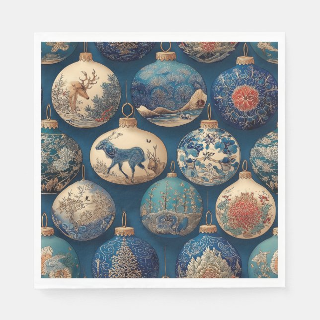 Serviette En Papier Ornements de Noël Bleus Élégants (Devant)