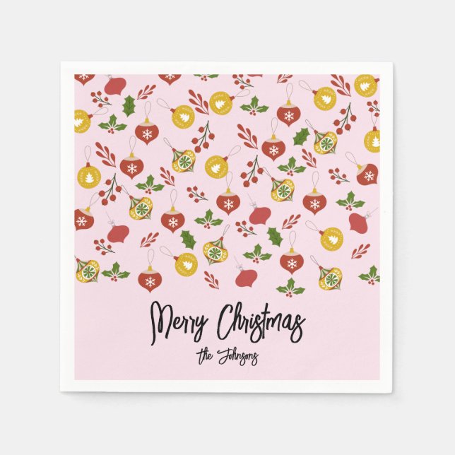 Serviette En Papier Ornements de Noël Festive Verdure rose (Devant)